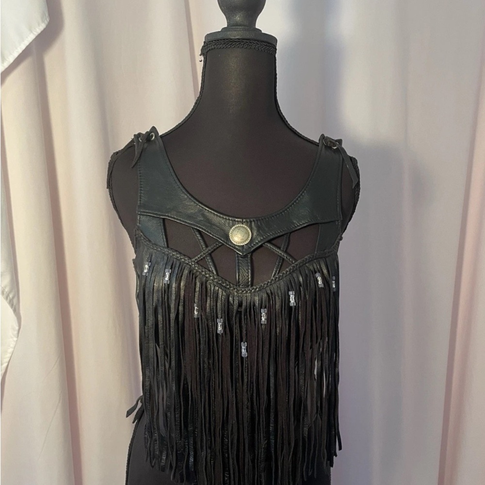 On The Fringe Leather Top/Biker/Gothic/Beaded Fringe - Picture 4 of 10